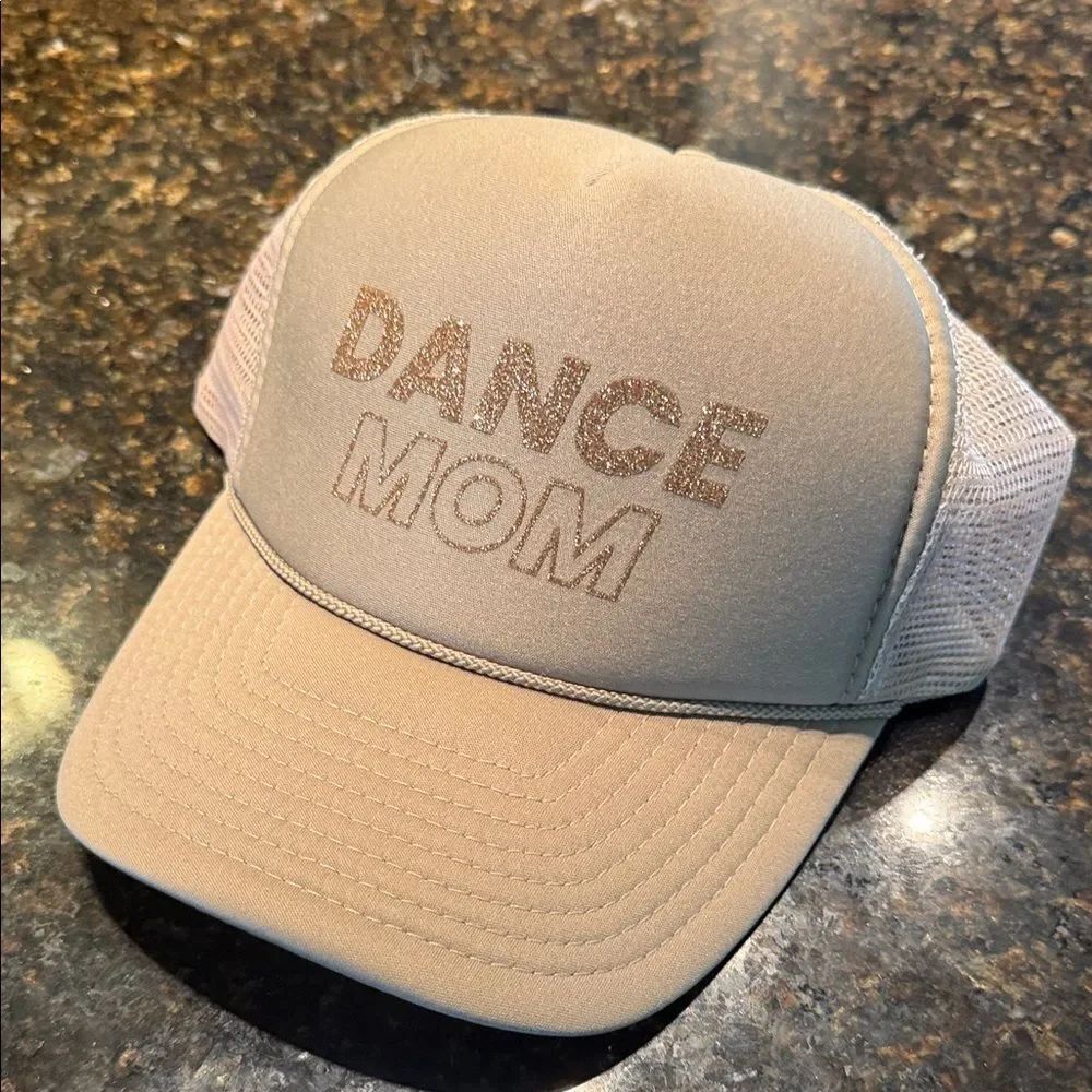 Dance Mom Beige Trucker Hat Snap Back Mesh Backing - BRAND NEW Gold Glitter Font